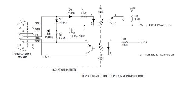 schema elettrico dell'interfaccia RS232 opto isolata
