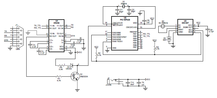 schema elettrico del circuito applicatico del ds1307 con micro