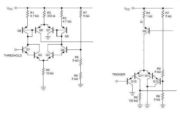particolare circuitale del primo e del secondo comparatore di tensione dell'integrato 555.