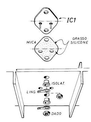 Particolari illustrativi del montaggio dell'integrato IC1 sul radiatore