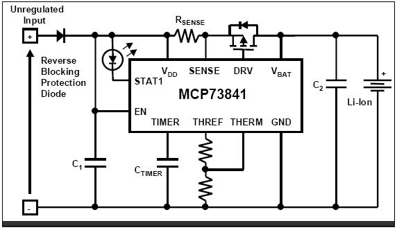 schema di un caricatore per celle a ioni litio con MCP733841 ( Microchip)