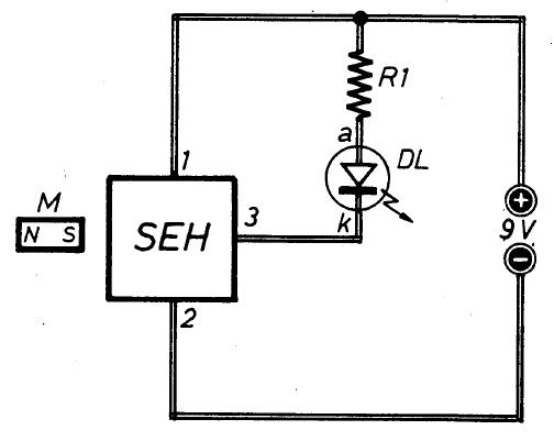circuito teorico del primo esperimento ( interruttore magnetico) con il sensore  di Hall modello UGN 3040T